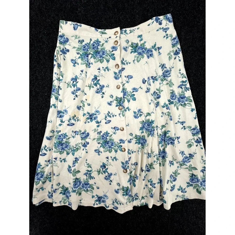Vintage Jennifer Collins‎ Midi Skirt Womens 1X Cream Blue Floral Button Front